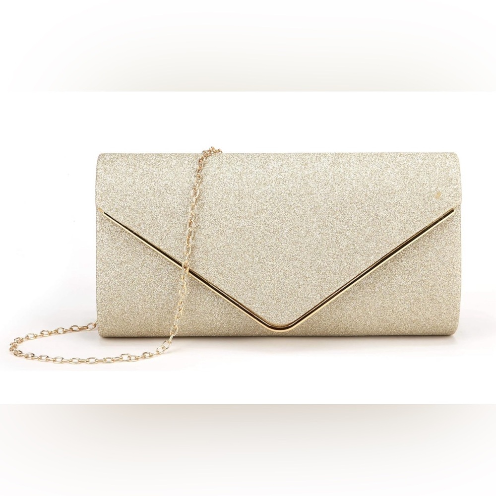 Sparkly champagne gold clutch with crossbody chain